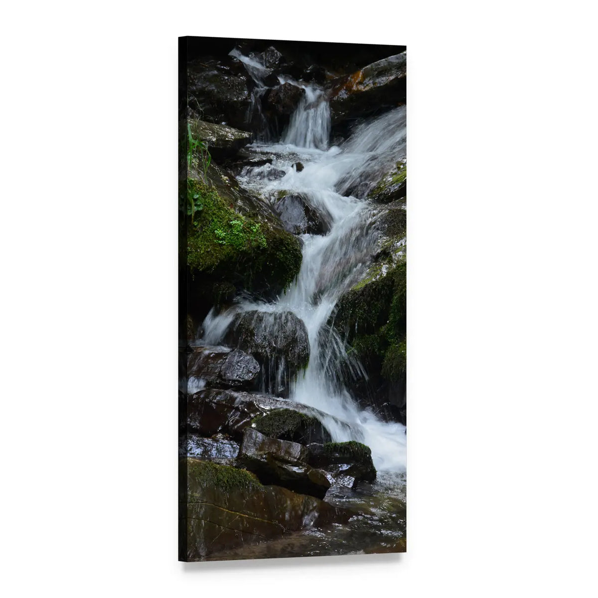 Creek Waterfall Among Mossy Rocks Vertical Canvas Wall Art, 1 panel 1 Vertical layout gallery wrapped canvas set, angled product view