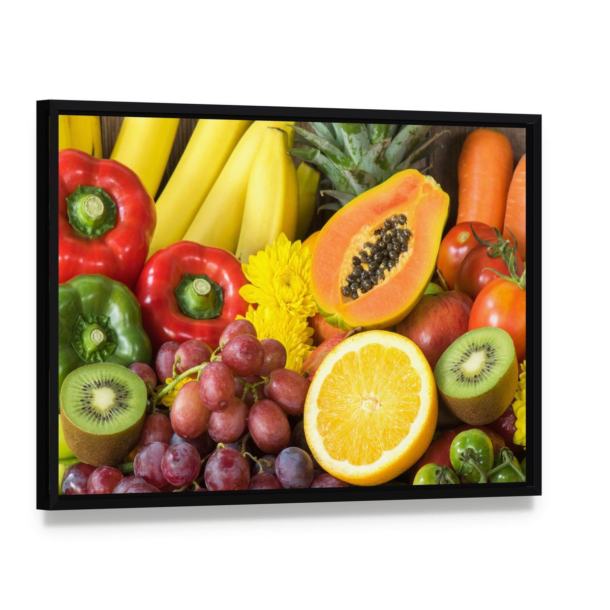 Fresh Fruits and Vegetables Canvas Wall Art, framed canvas in a black floater frame, angled product view
