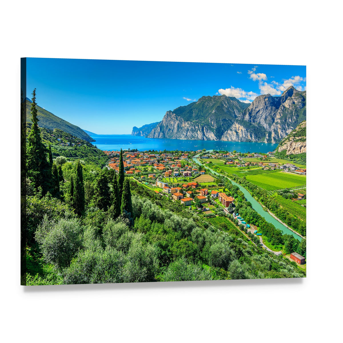 Lake Garda Village with Winding River Canvas Wall Art, single panel gallery wrapped canvas, angled product view