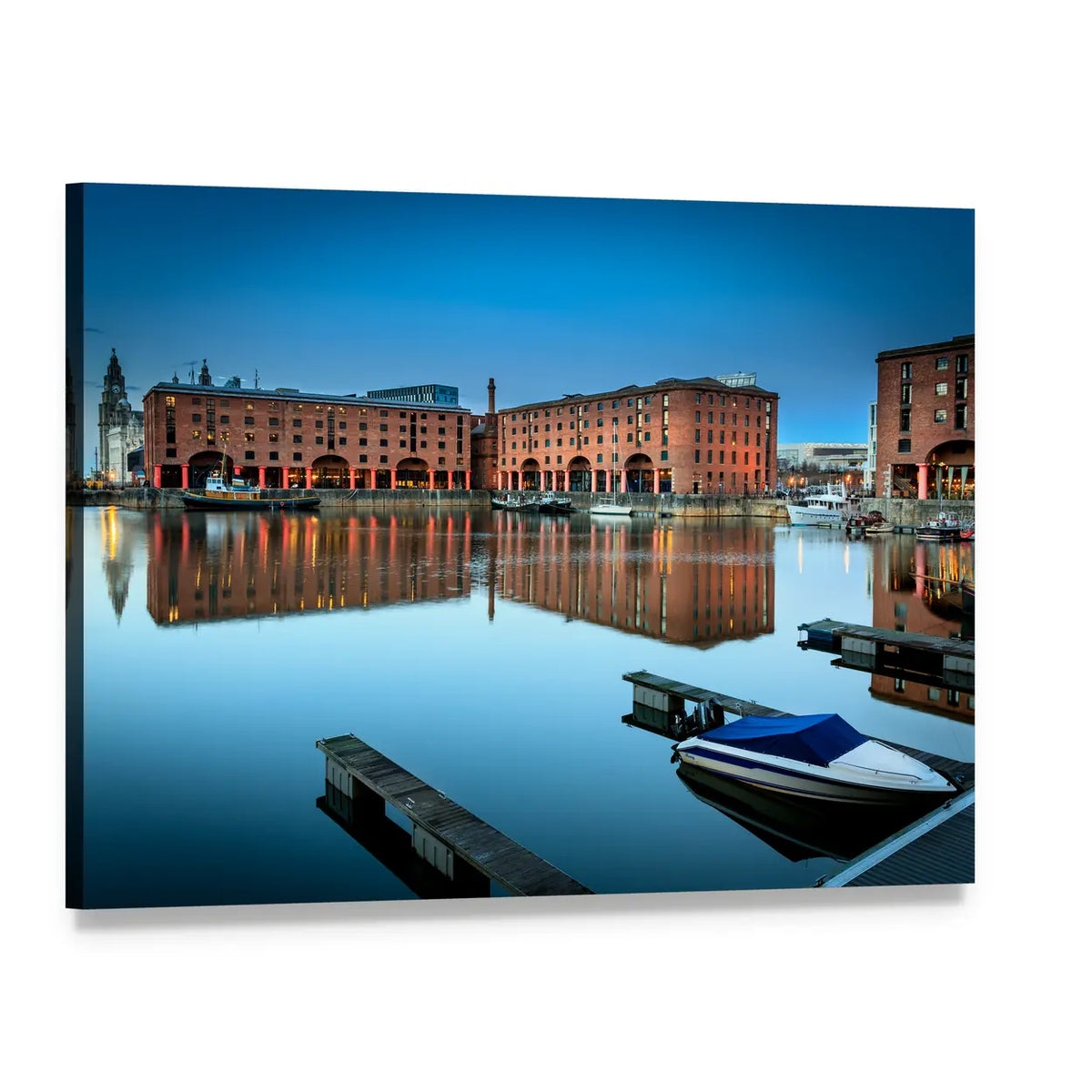 Albert Dock, Liverpool at Twilight Canvas Wall Art, single panel gallery wrapped canvas, angled product view
