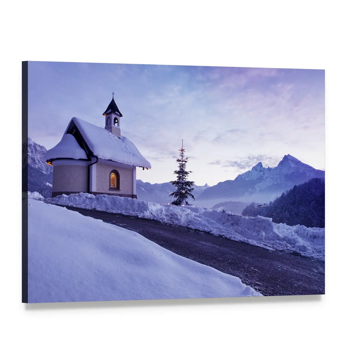 Chapel at Dawn in Snowy Mountains Canvas Wall Art, single panel gallery wrapped canvas, angled product view