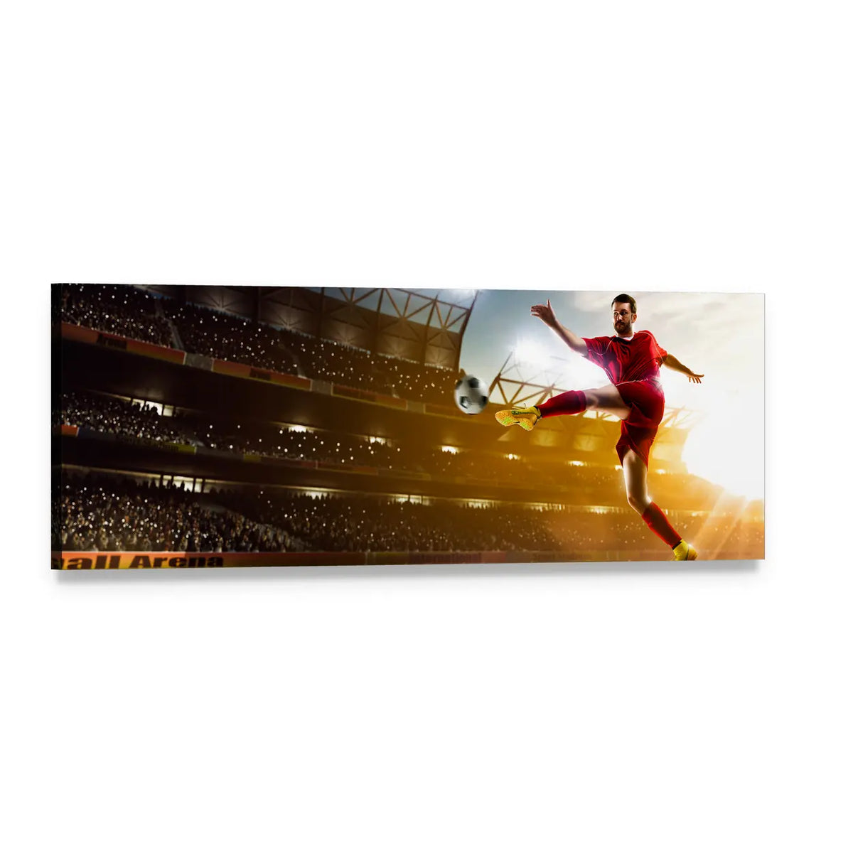 Mid-air Soccer Player in Stadium Panoramic Canvas Wall Art, single panel gallery wrapped canvas, angled product view