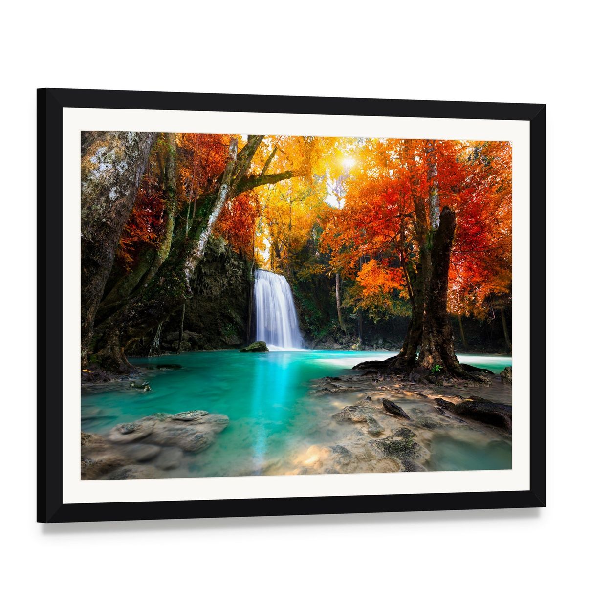 Deep Forest Waterfall Canvas Wall Art, framed print with white mat and black frame, angled product view