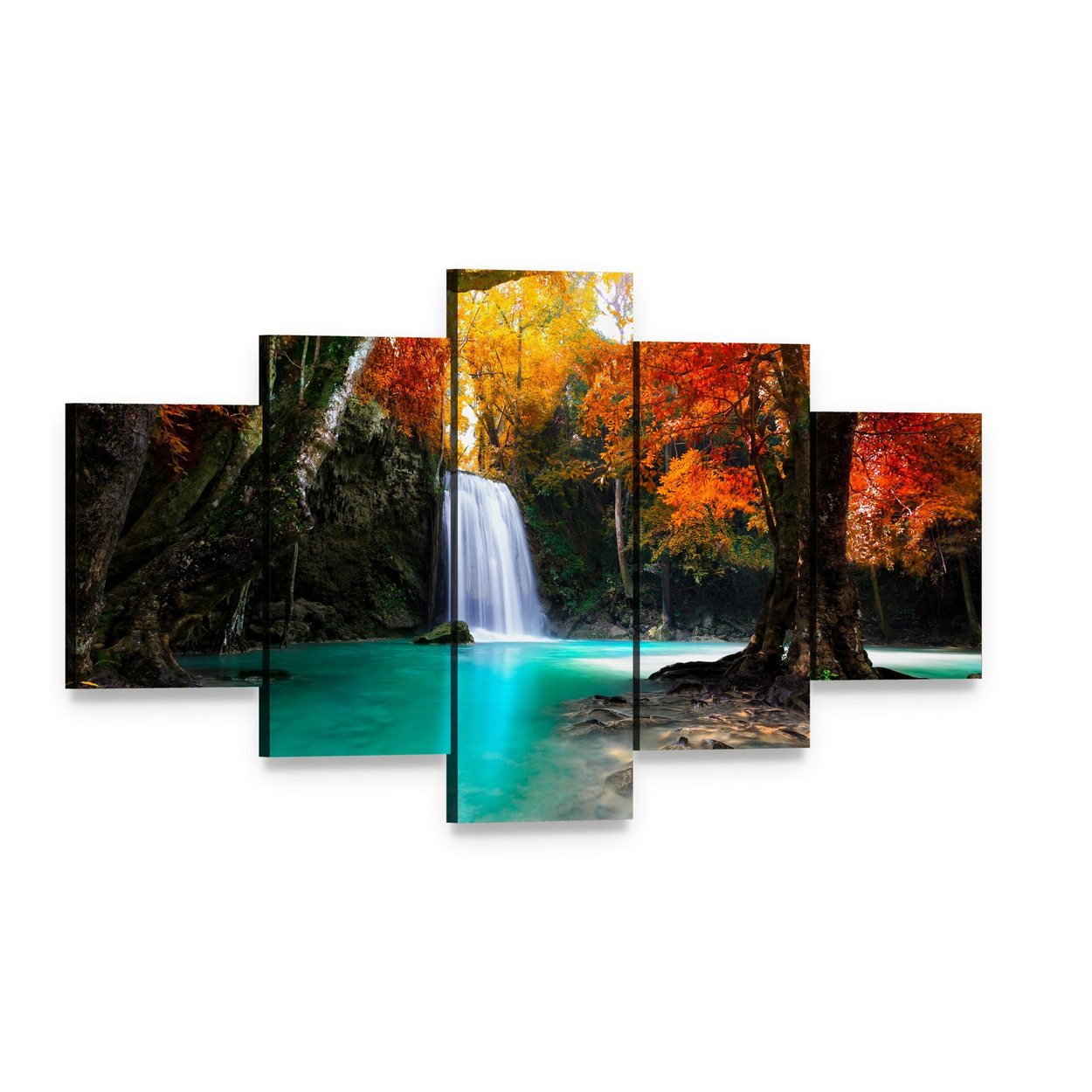 Deep Forest Waterfall Canvas Wall Art, 5 panel 5 Star layout gallery wrapped canvas set, angled product view