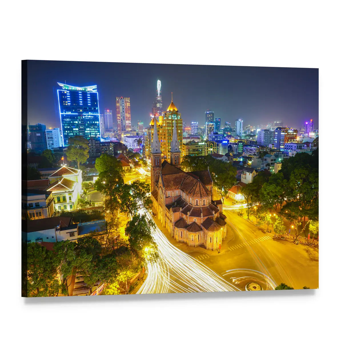 Notre Dame Cathedral at Night Canvas Wall Art, single panel gallery wrapped canvas, angled product view