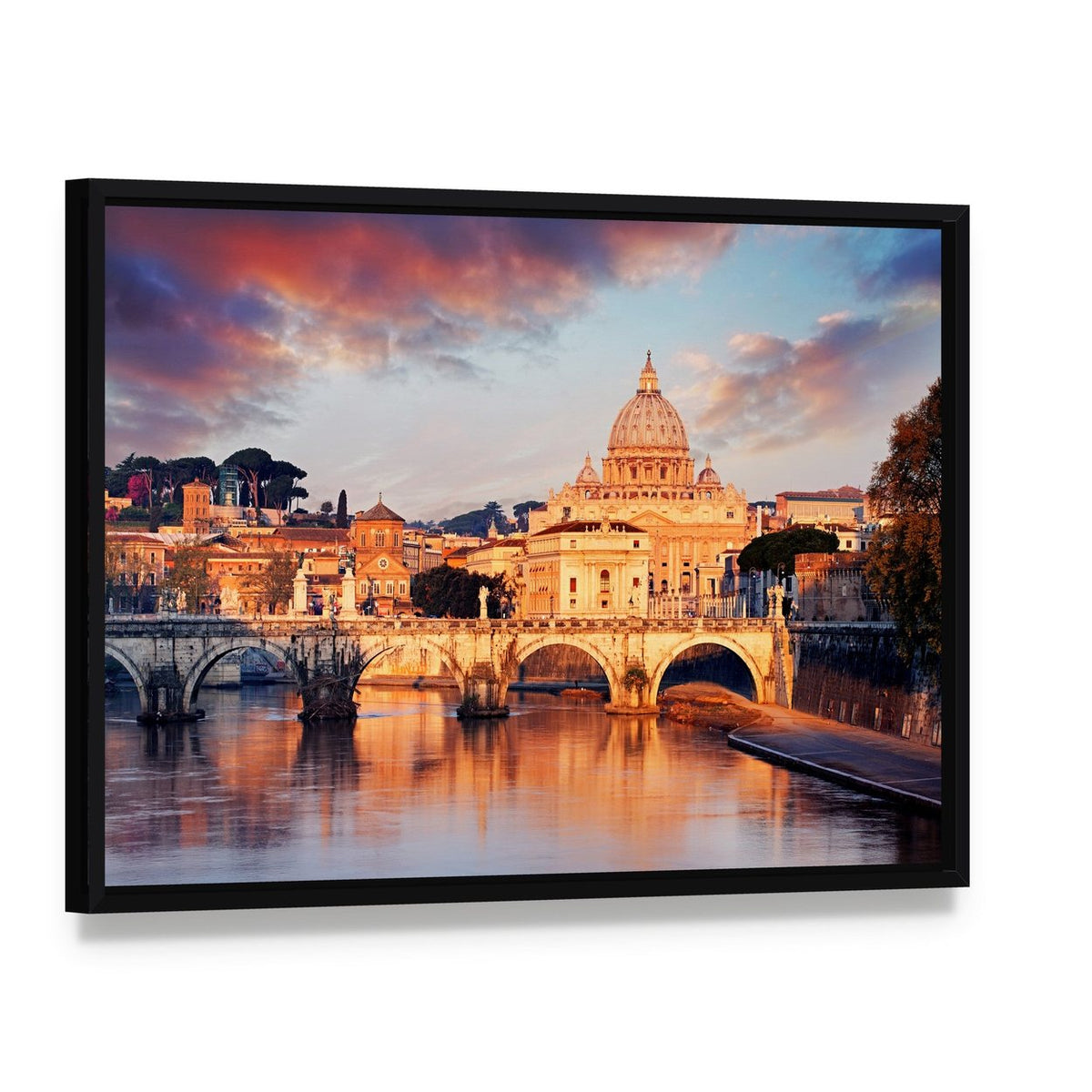 View of Vatican City with St Peter Canvas Wall Art, framed canvas in a black floater frame, angled product view