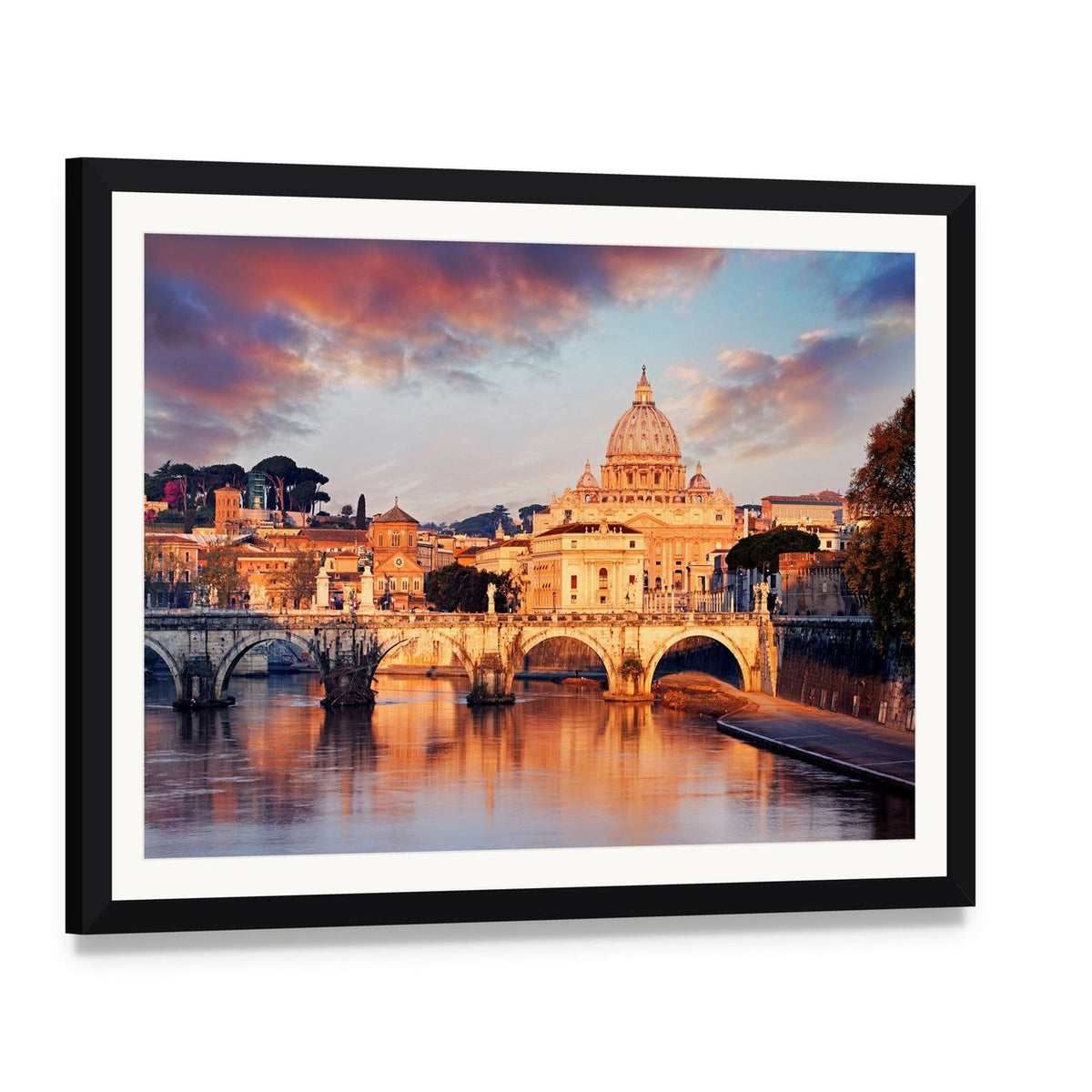 View of Vatican City with St Peter Canvas Wall Art, framed print with white mat and black frame, angled product view