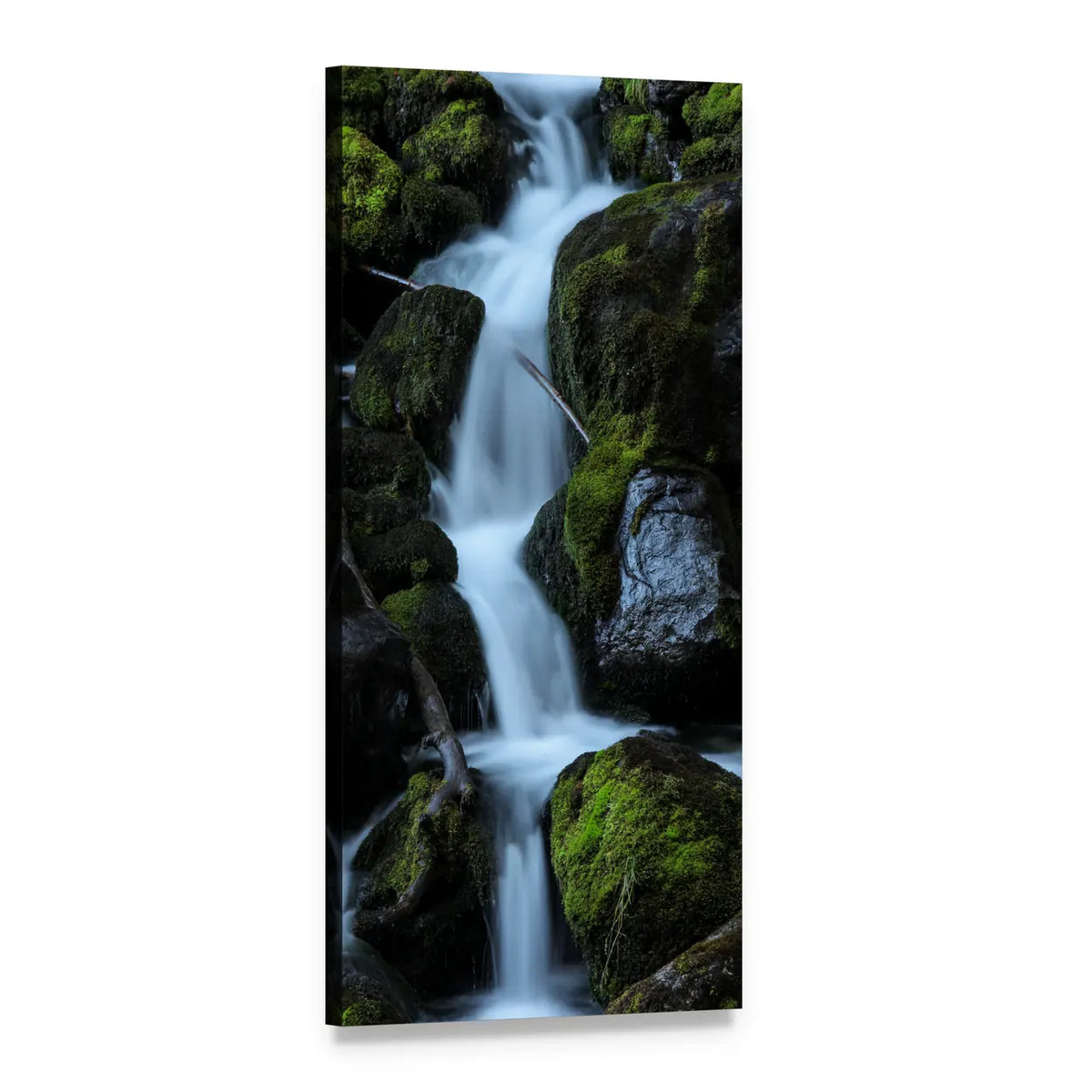 Moss-covered Forest Waterfall Vertical Canvas Wall Art, 1 panel 1 Vertical layout gallery wrapped canvas set, angled product view