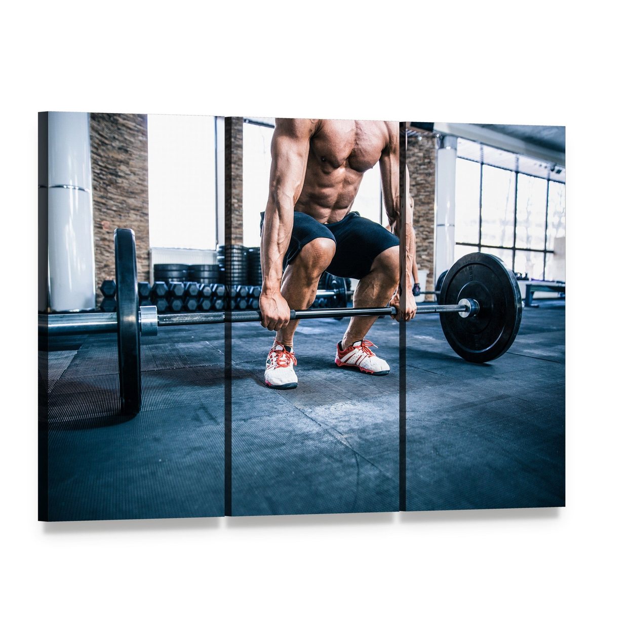 Muscular Man Lifting Weights Canvas Wall Art, 3 panel 3 Horizontal layout gallery wrapped canvas set, angled product view