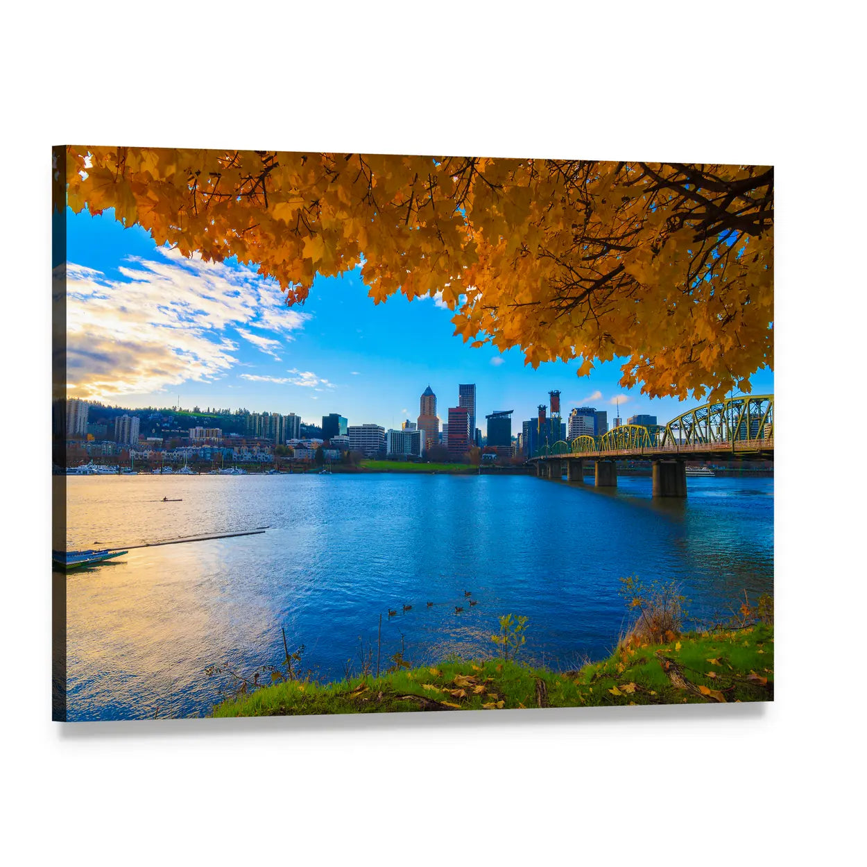 Portland Riverfront Autumn View Canvas Wall Art, single panel gallery wrapped canvas, angled product view