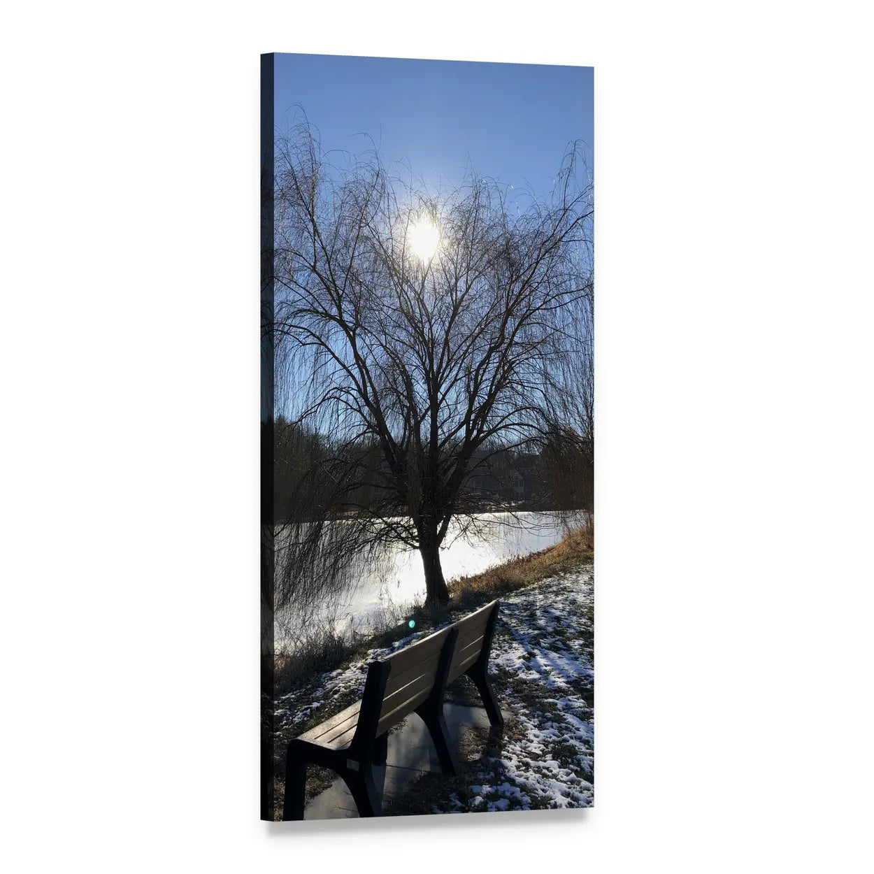 Sunlit Bench by Winter Lake Vertical Canvas Wall Art, 1 panel 1 Vertical layout gallery wrapped canvas set, angled product view