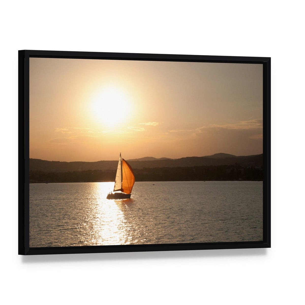 Lake Balaton Sunset with Sailboat Canvas Wall Art, framed canvas in a black floater frame, angled product view