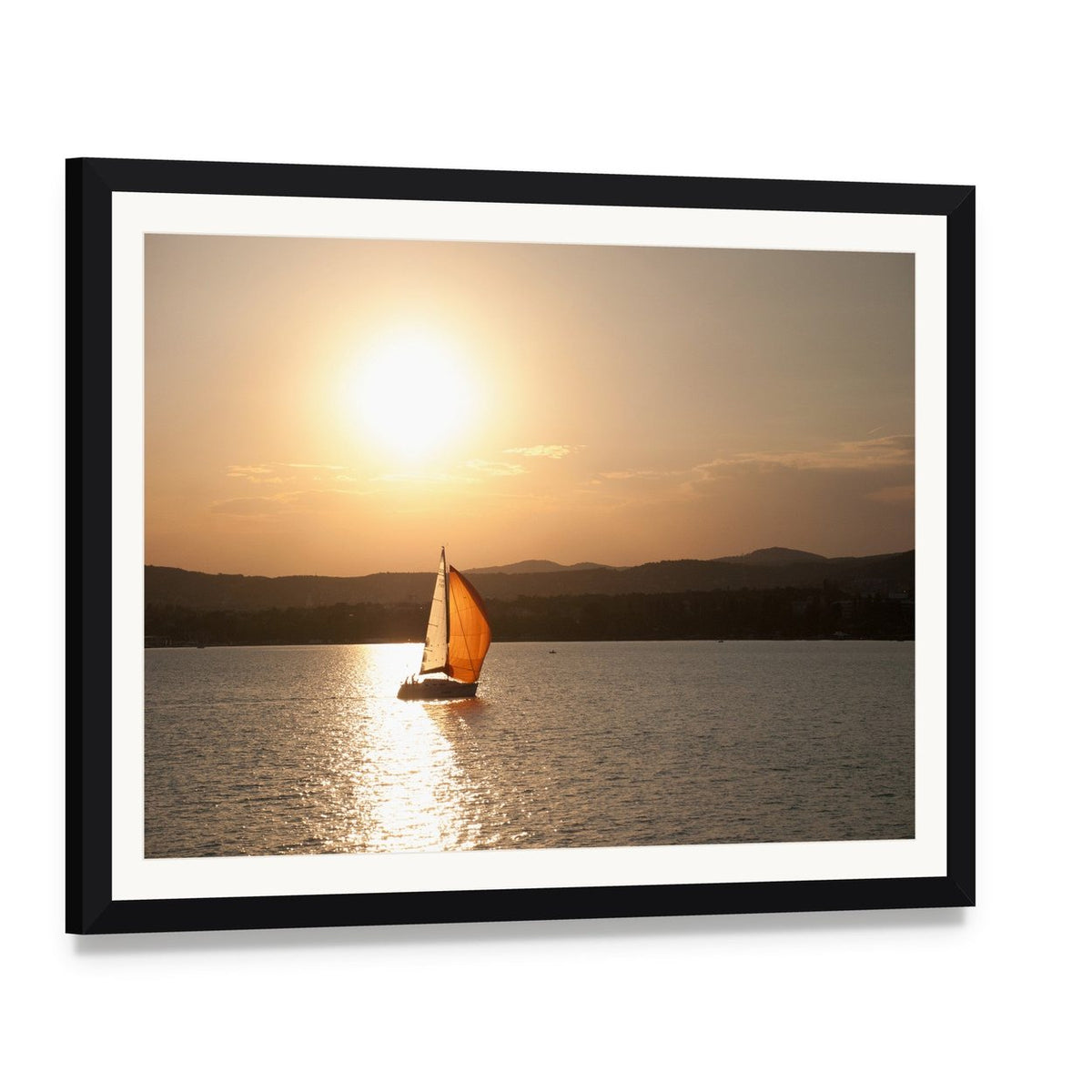 Lake Balaton Sunset with Sailboat Canvas Wall Art, framed print with white mat and black frame, angled product view