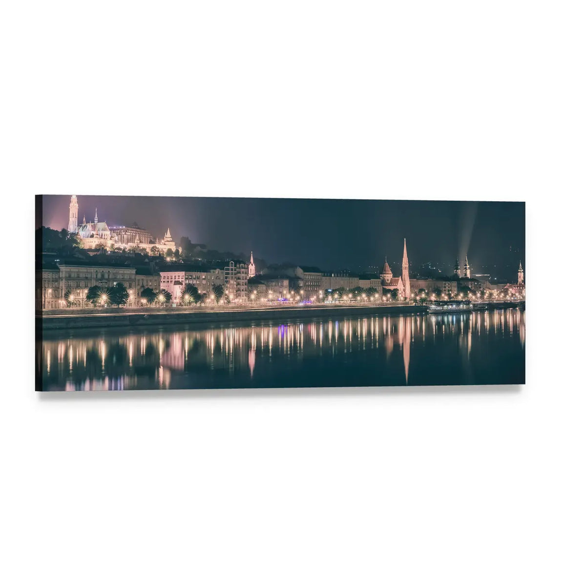 Budapest Riverfront at Night Panoramic Canvas Wall Art, single panel gallery wrapped canvas, angled product view