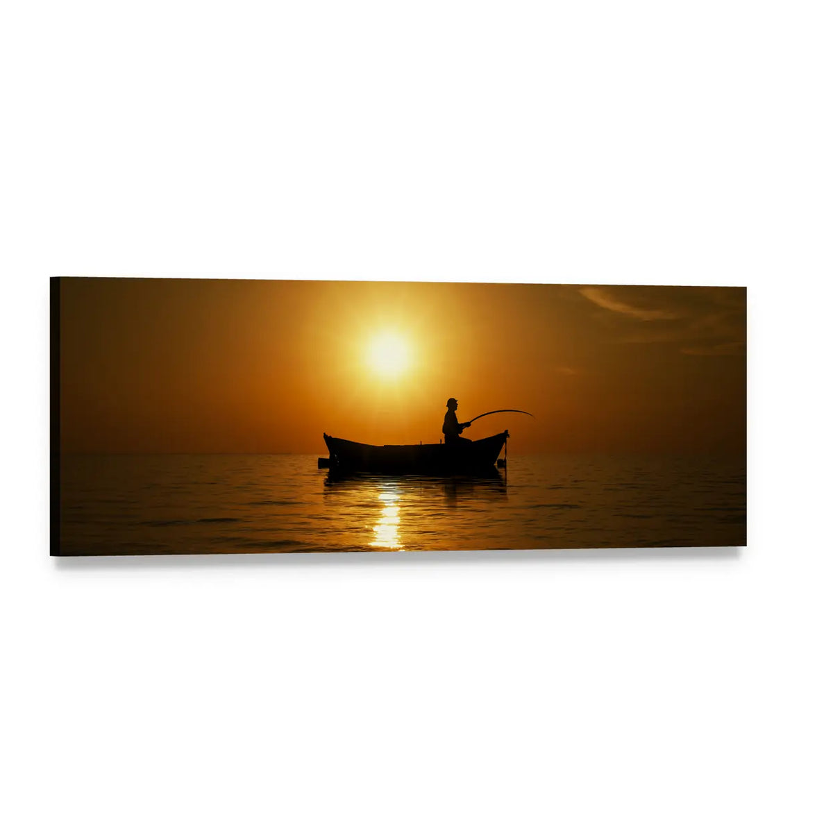 Fisherman Silhouette at Sunset Panoramic Canvas Wall Art, single panel gallery wrapped canvas, angled product view