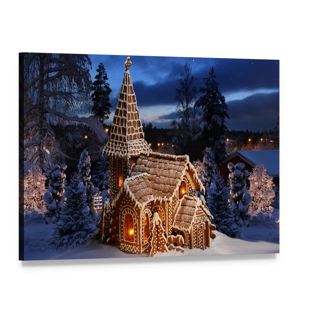 Gingerbread Church on Christmas Night Canvas Wall Art, single panel gallery wrapped canvas, angled product view