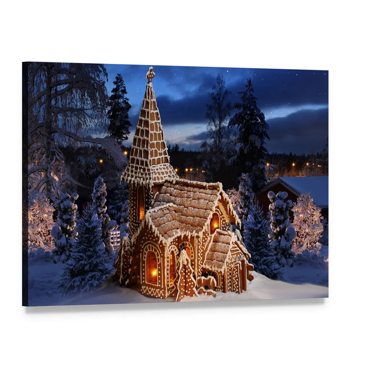 Gingerbread Church on Christmas Night Canvas Wall Art, single panel gallery wrapped canvas, angled product view