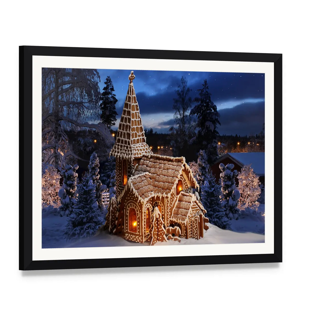 Gingerbread Church on Christmas Night Canvas Wall Art, framed print with white mat and black frame, angled product view