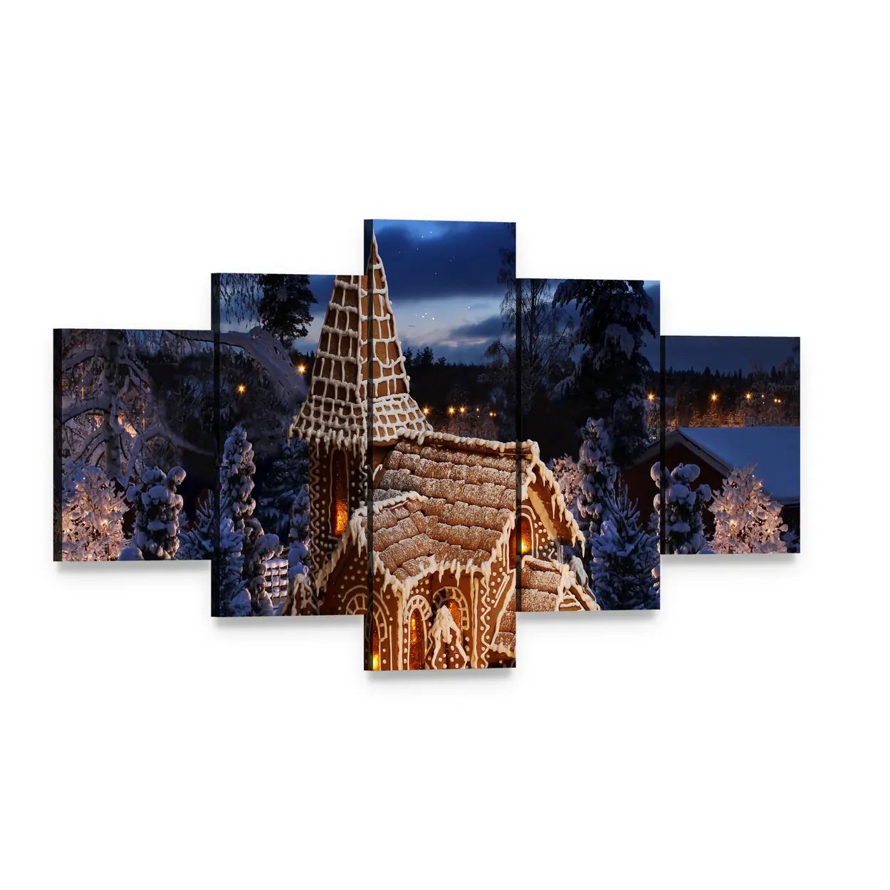 Gingerbread Church on Christmas Night Canvas Wall Art, 5 panel 5 Star layout gallery wrapped canvas set, angled product view