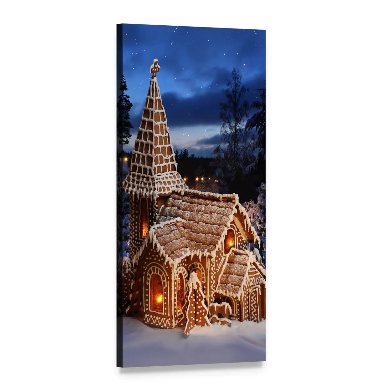 Gingerbread Church on a Starry Christmas Night Vertical Canvas Wall Art, 1 panel 1 Vertical layout gallery wrapped canvas set, angled product view