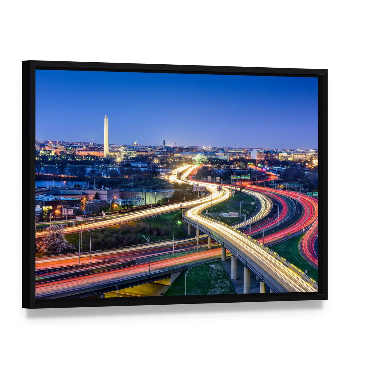 Washington D.c. Skyline with Highways Canvas Wall Art, framed canvas in a black floater frame, angled product view