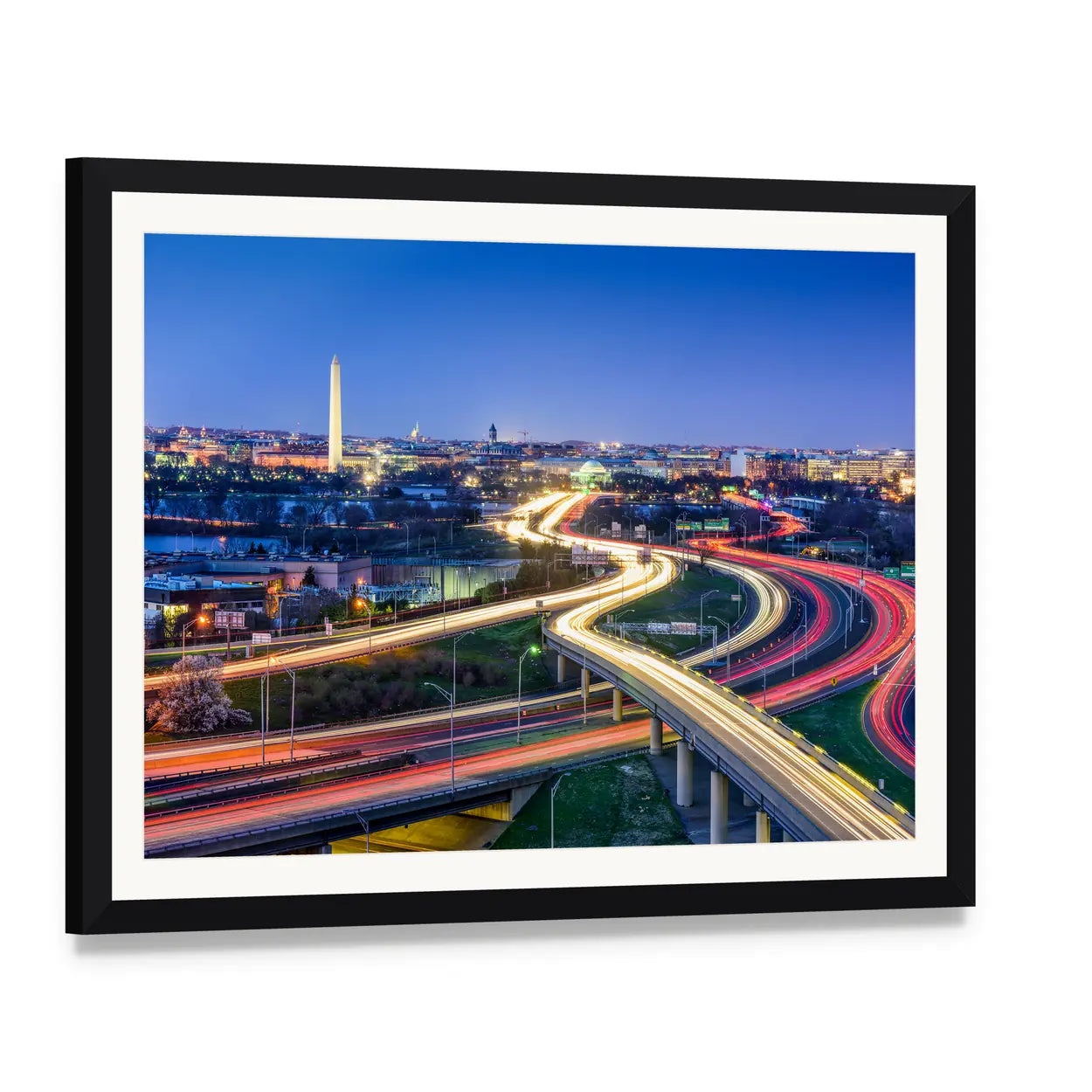 Washington D.c. Skyline with Highways Canvas Wall Art, framed print with white mat and black frame, angled product view