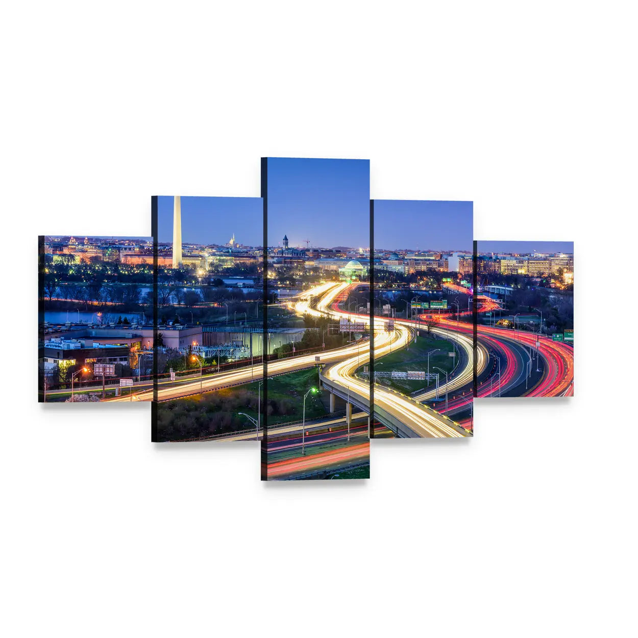 Washington D.c. Skyline with Highways Canvas Wall Art, 5 panel 5 Star layout gallery wrapped canvas set, angled product view