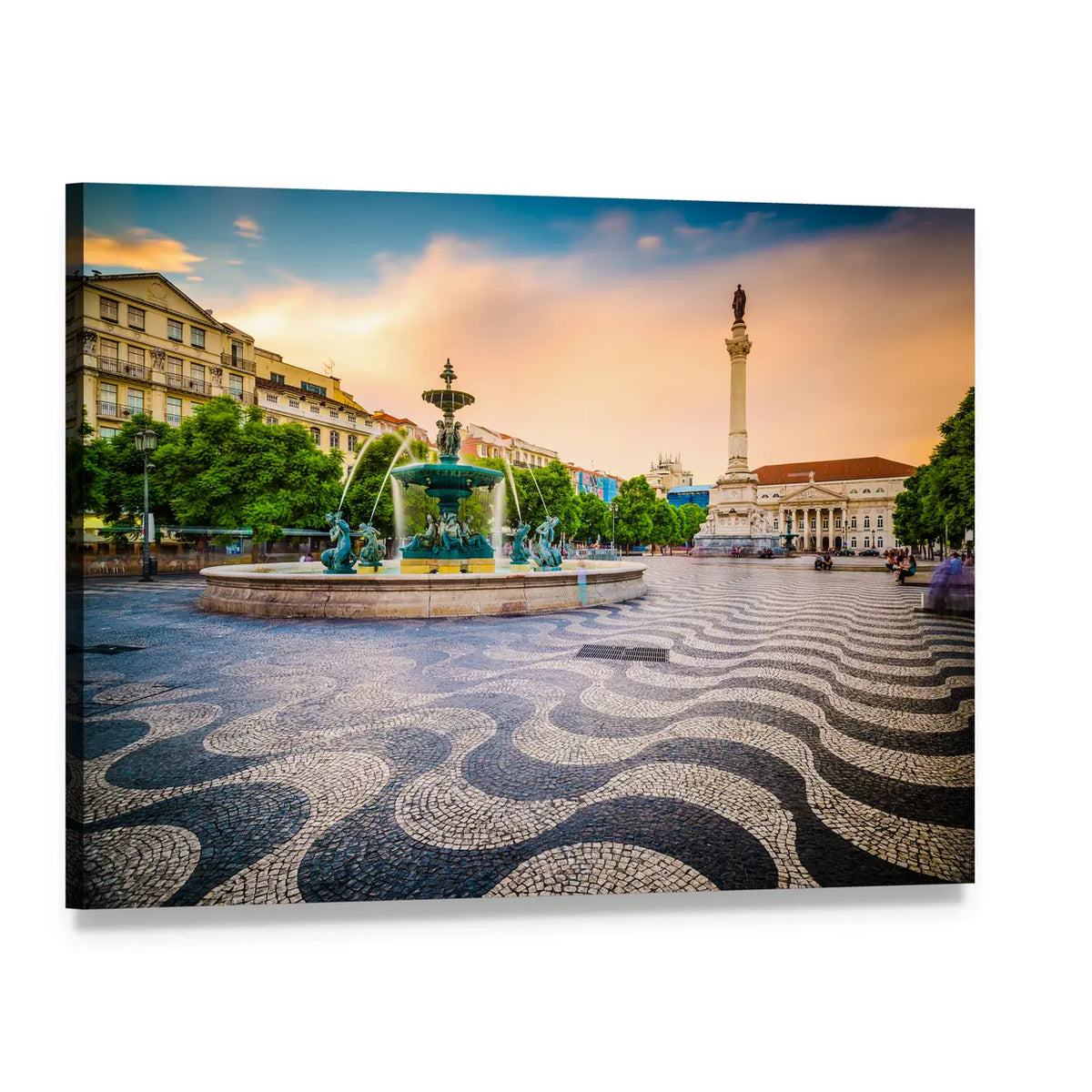 Rossio Square Fountain Cityscape Canvas Wall Art, single panel gallery wrapped canvas, angled product view