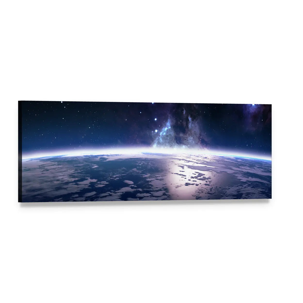 View of Earth from Space Panoramic Canvas Wall Art, single panel gallery wrapped canvas, angled product view