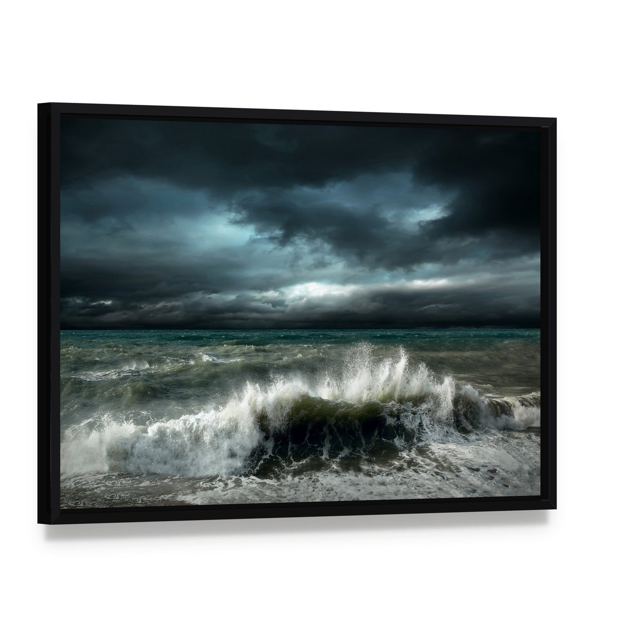 Storm Seascape Canvas Wall Art, framed canvas in a black floater frame, angled product view
