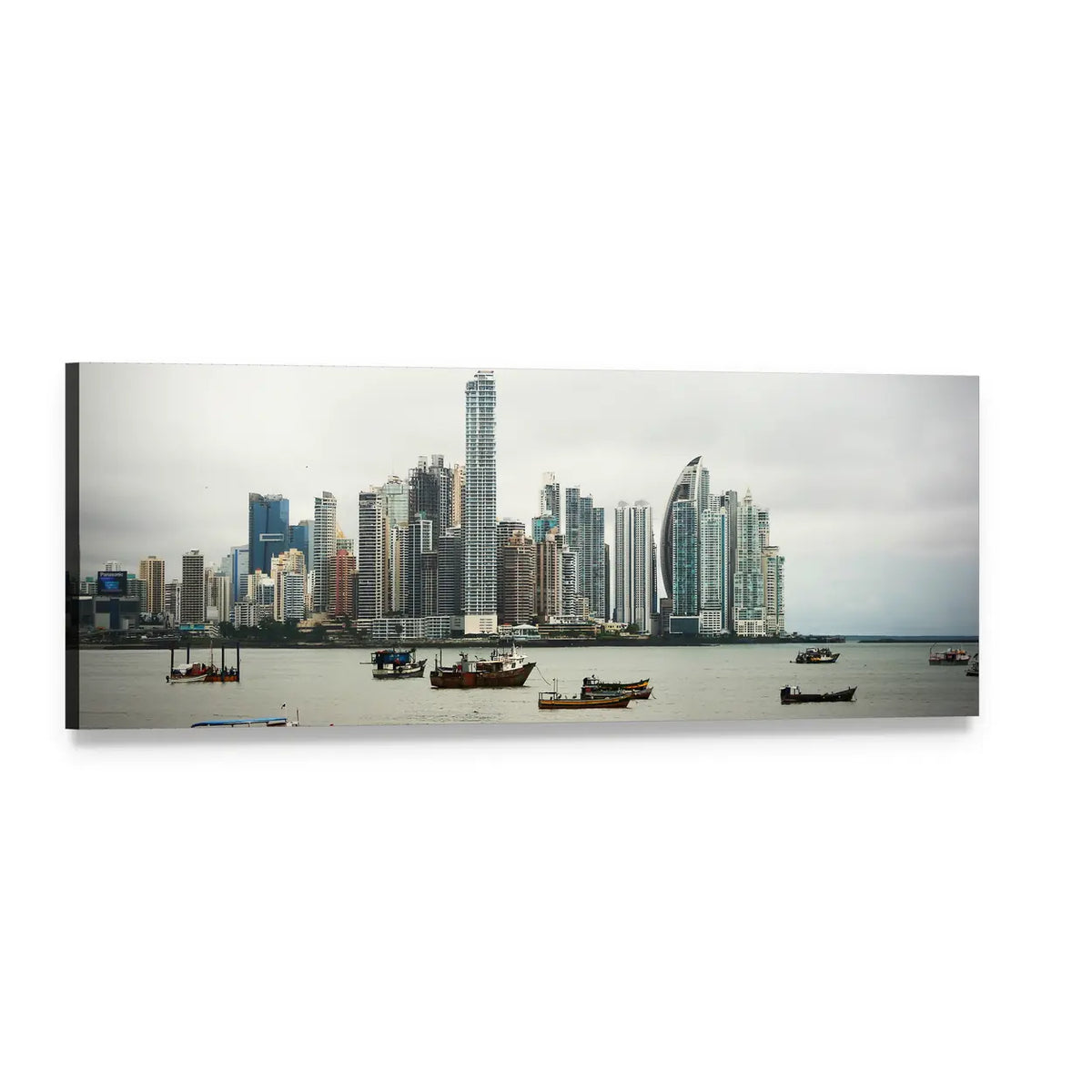 Panama City Skyline Over Harbor Panoramic Canvas Wall Art, single panel gallery wrapped canvas, angled product view