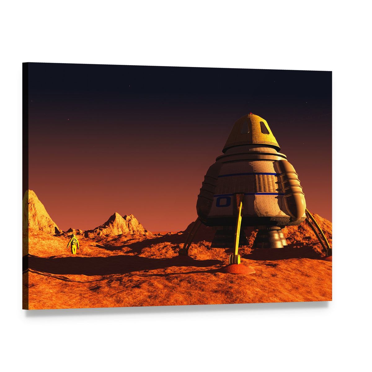 Astronaut Exploring Mars Landscape Canvas Wall Art, single panel gallery wrapped canvas, angled product view
