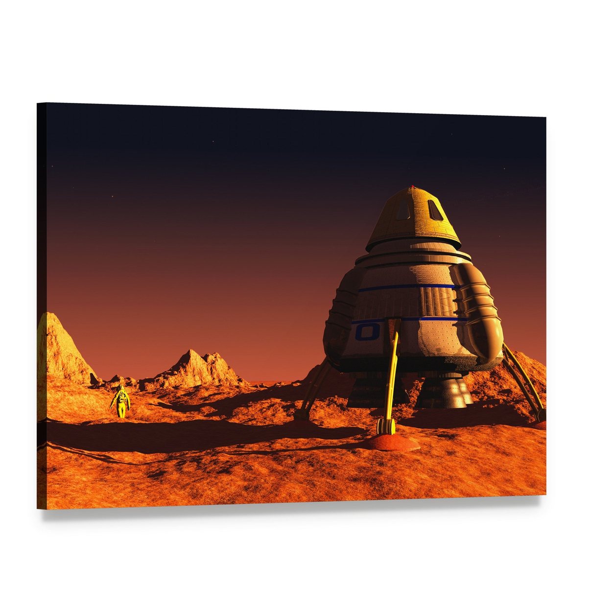 Astronaut Exploring Mars Landscape Canvas Wall Art, single panel gallery wrapped canvas, angled product view