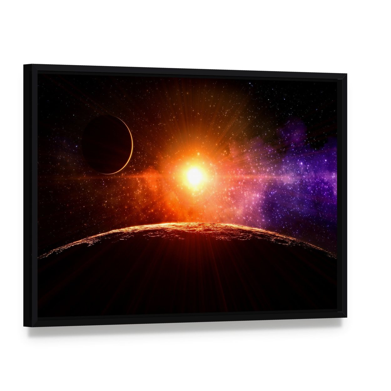 Gas Giant Extra Solar Planet Orbiting a Sun Like Star Canvas Wall Art, framed canvas in a black floater frame, angled product view