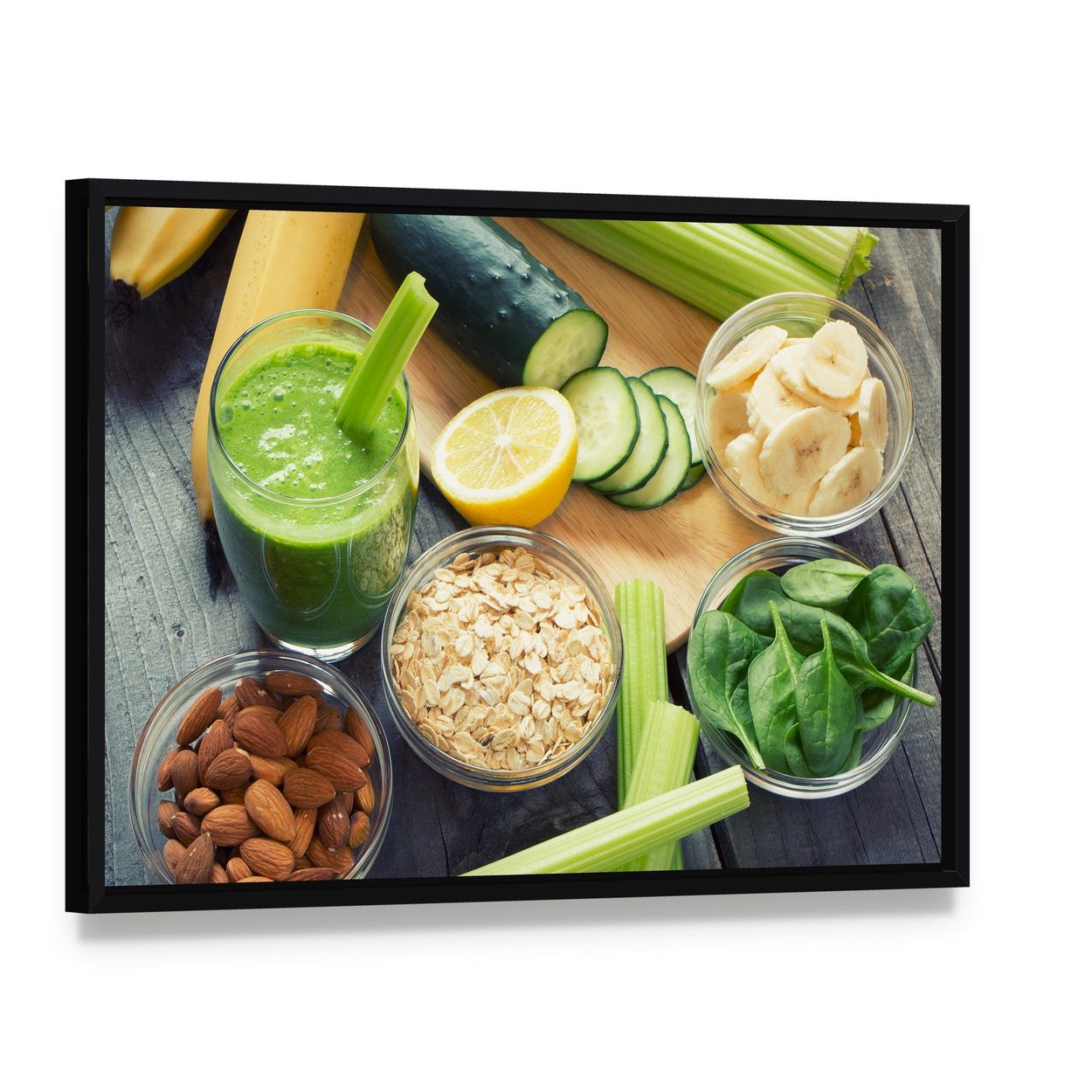 Smoothie with Fresh Fruits and Vegetables Canvas Wall Art, framed canvas in a black floater frame, angled product view
