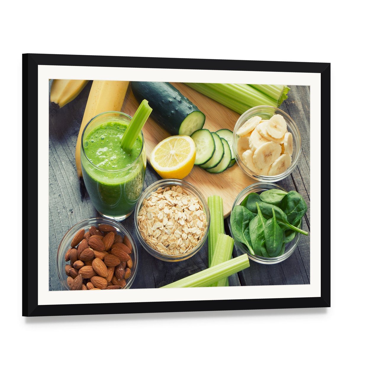 Smoothie with Fresh Fruits and Vegetables Canvas Wall Art, framed print with white mat and black frame, angled product view