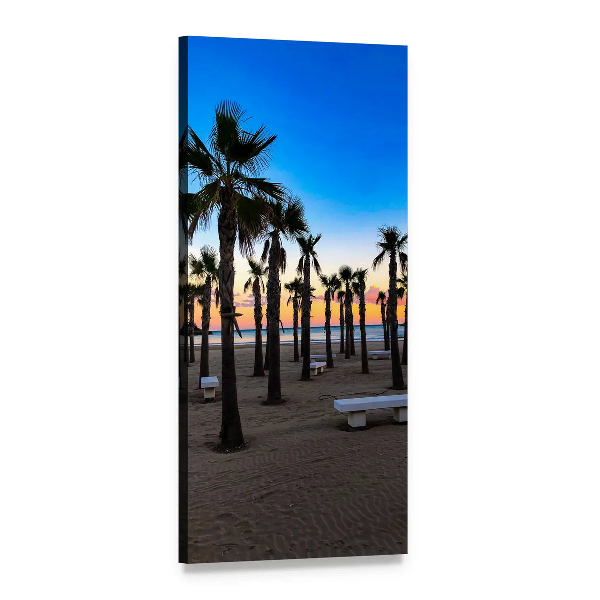 Silhouetted Palms at Sunset Beach Vertical Canvas Wall Art, 1 panel 1 Vertical layout gallery wrapped canvas set, angled product view