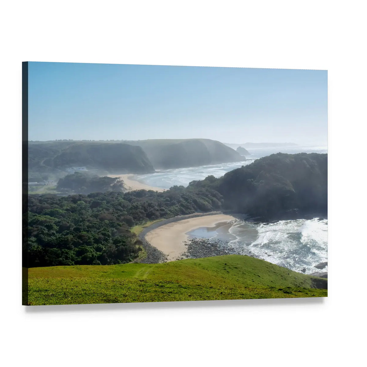Misty Beach with Sandy Cove Canvas Wall Art, single panel gallery wrapped canvas, angled product view