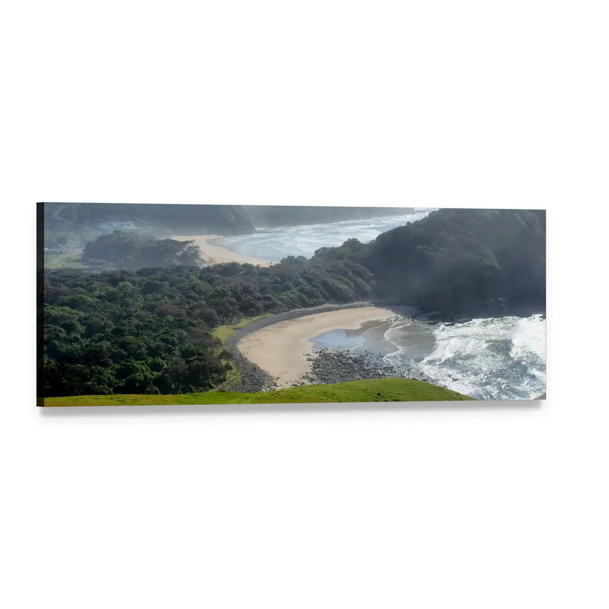 Misty Beach with Coastal Cliffs Panoramic Canvas Wall Art, single panel gallery wrapped canvas, angled product view