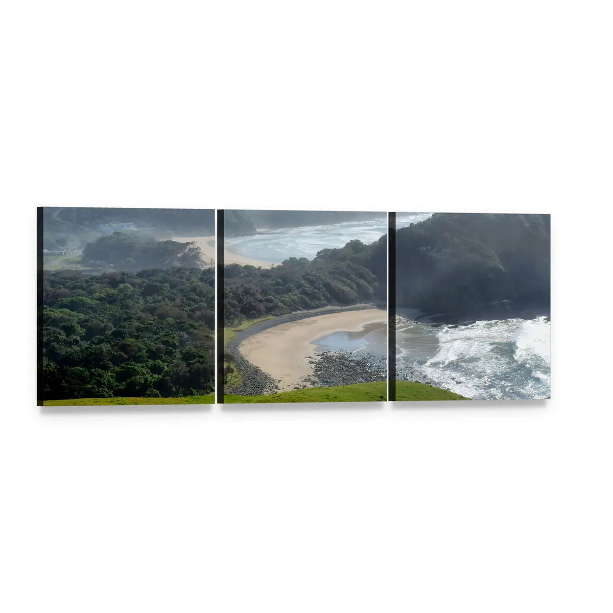 Misty Beach with Coastal Cliffs Panoramic Canvas Wall Art, 3 panel 3 Piece layout gallery wrapped canvas set, angled product view