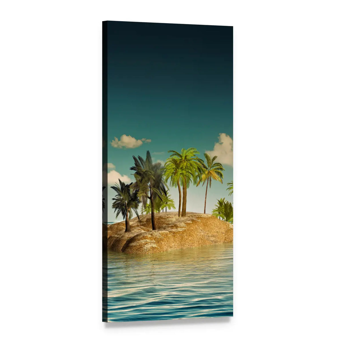 Tropical Island with Palm Trees Vertical Canvas Wall Art, 1 panel 1 Vertical layout gallery wrapped canvas set, angled product view