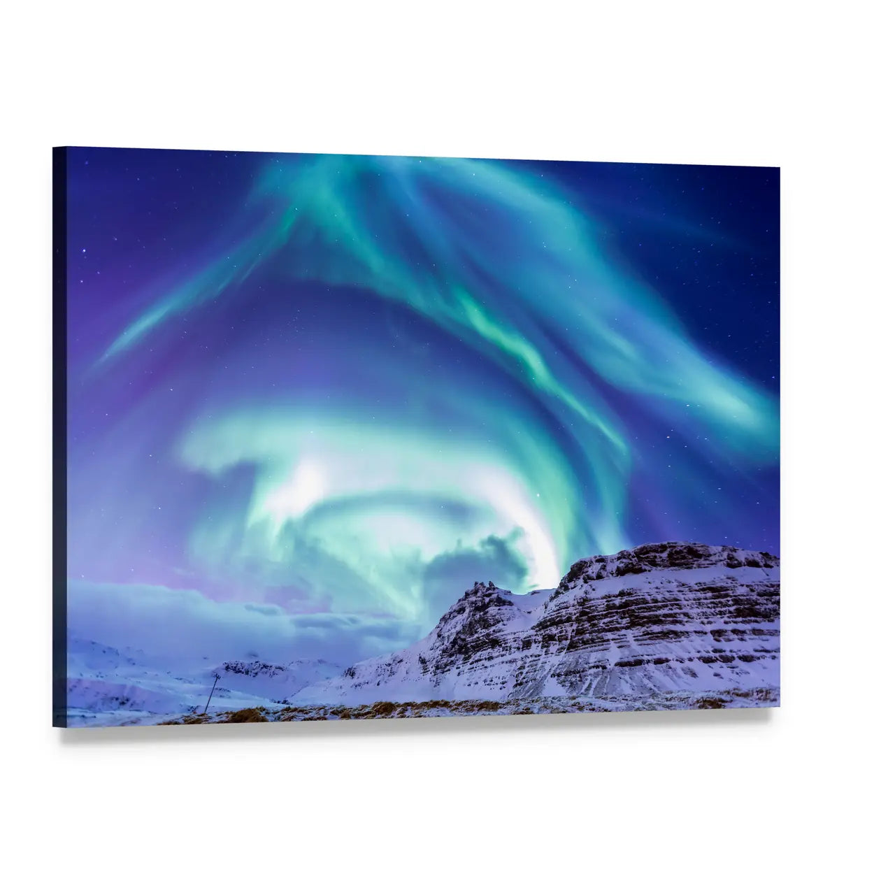 Aurora Over Kirkjufell Canvas Wall Art, single panel gallery wrapped canvas, angled product view