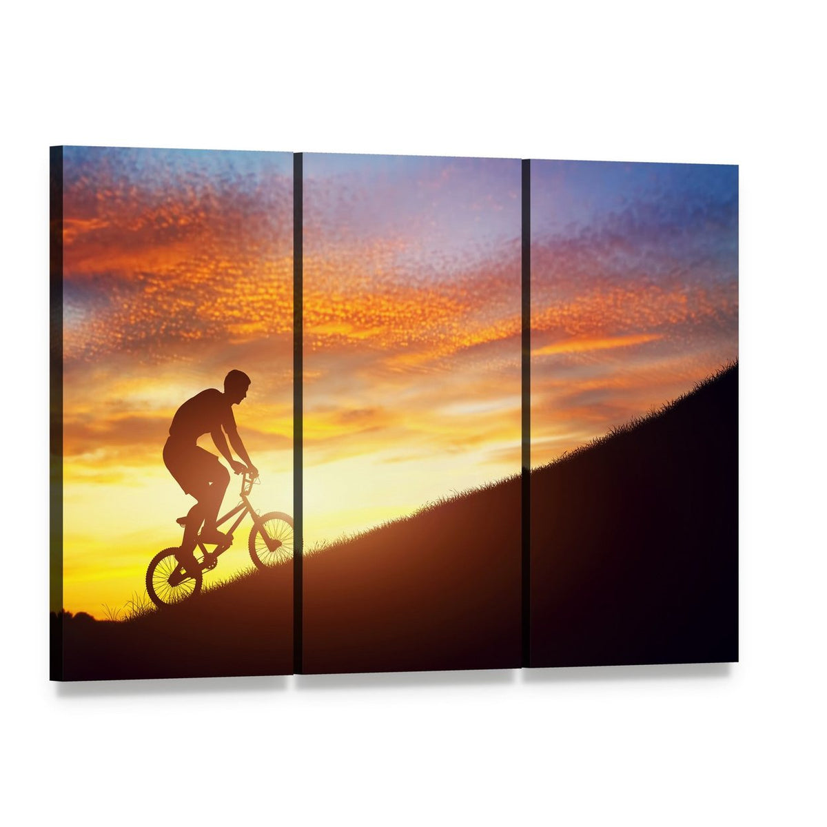 Bmx Rider Silhouette on Sunset Hill Canvas Wall Art, 3 panel 3 Horizontal layout gallery wrapped canvas set, angled product view