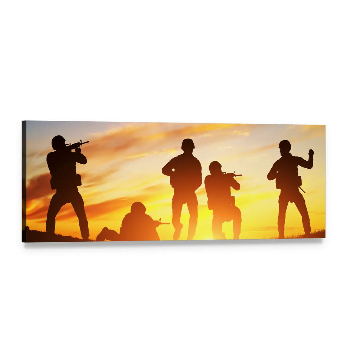 Soldier Silhouettes at Golden Sunset Panoramic Canvas Wall Art, single panel gallery wrapped canvas, angled product view