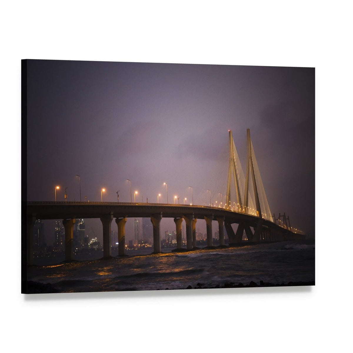 Bandra-worli Sea Link Night View Canvas Wall Art, single panel gallery wrapped canvas, angled product view