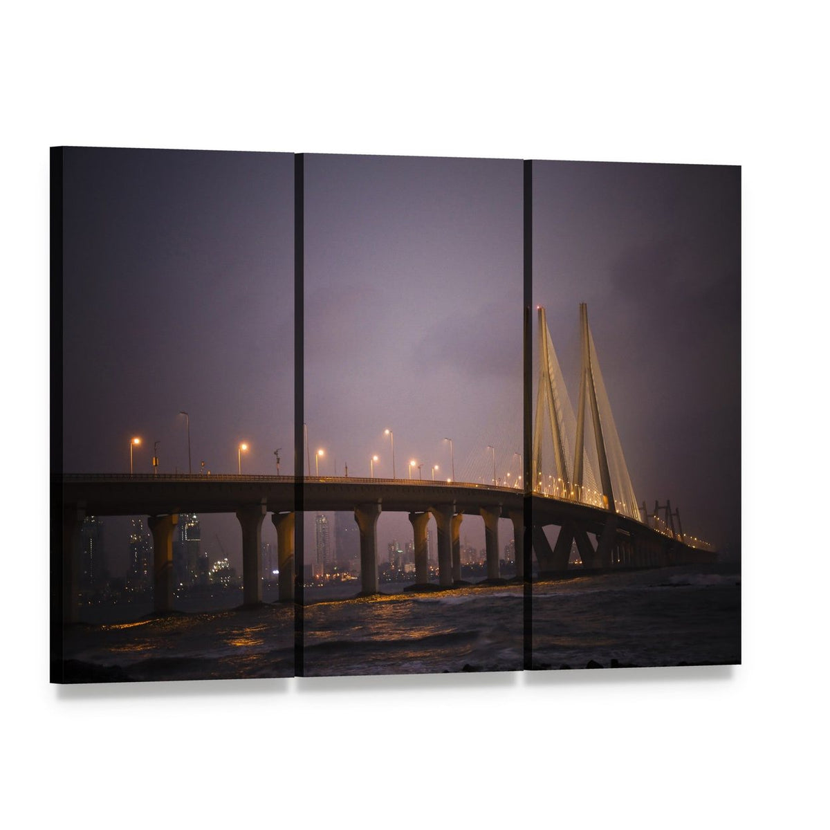 Bandra-worli Sea Link Night View Canvas Wall Art, 3 panel 3 Horizontal layout gallery wrapped canvas set, angled product view