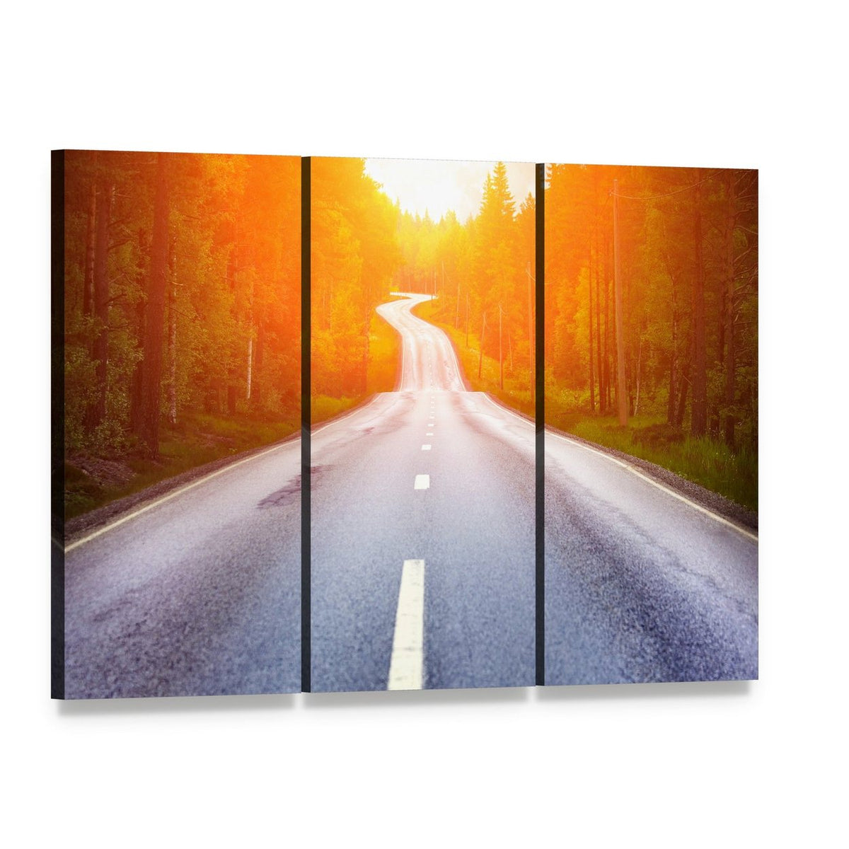 Swedish Country Road at Sunset Canvas Wall Art, 3 panel 3 Horizontal layout gallery wrapped canvas set, angled product view