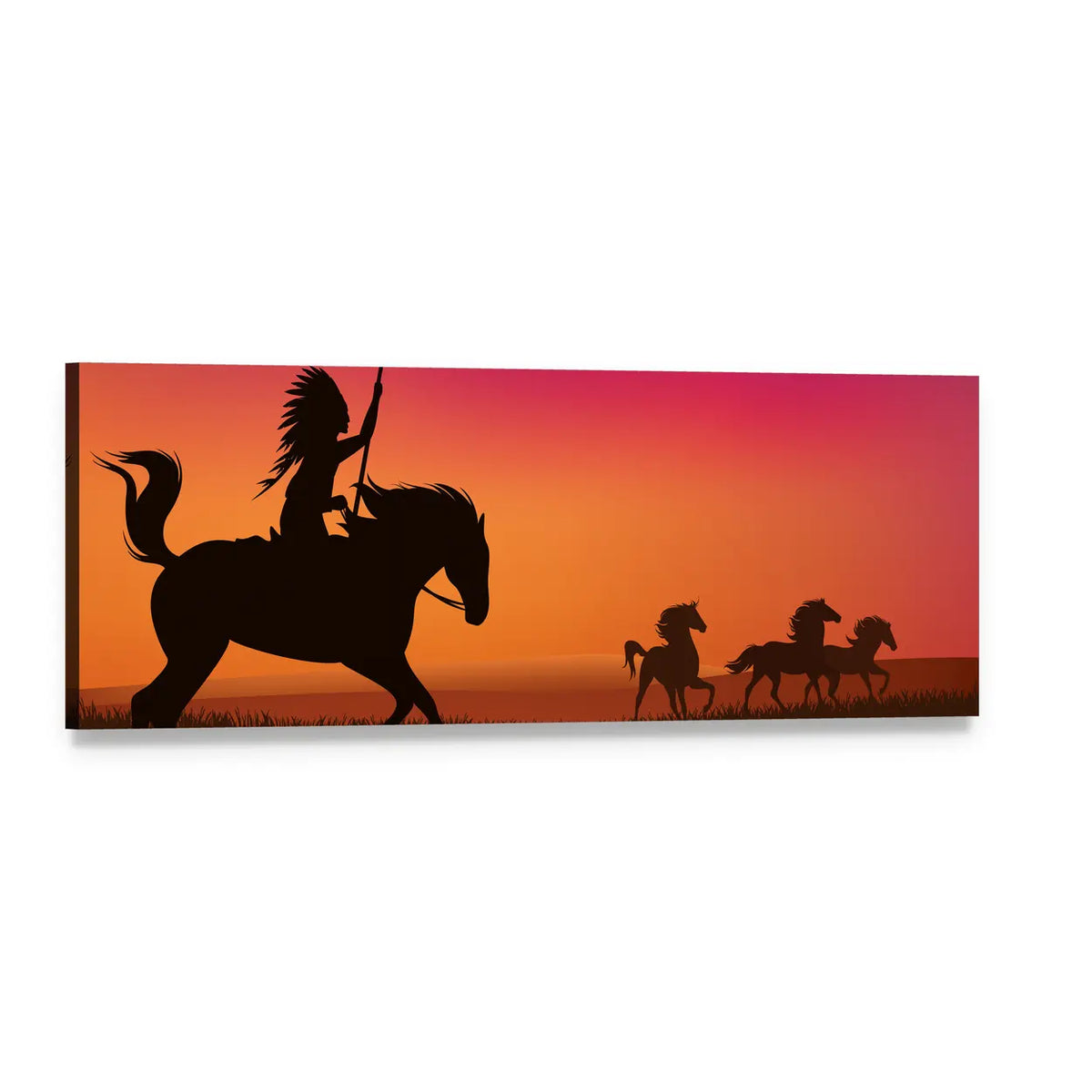 Native American Rider and Horses at Sunset Panoramic Canvas Wall Art, single panel gallery wrapped canvas, angled product view