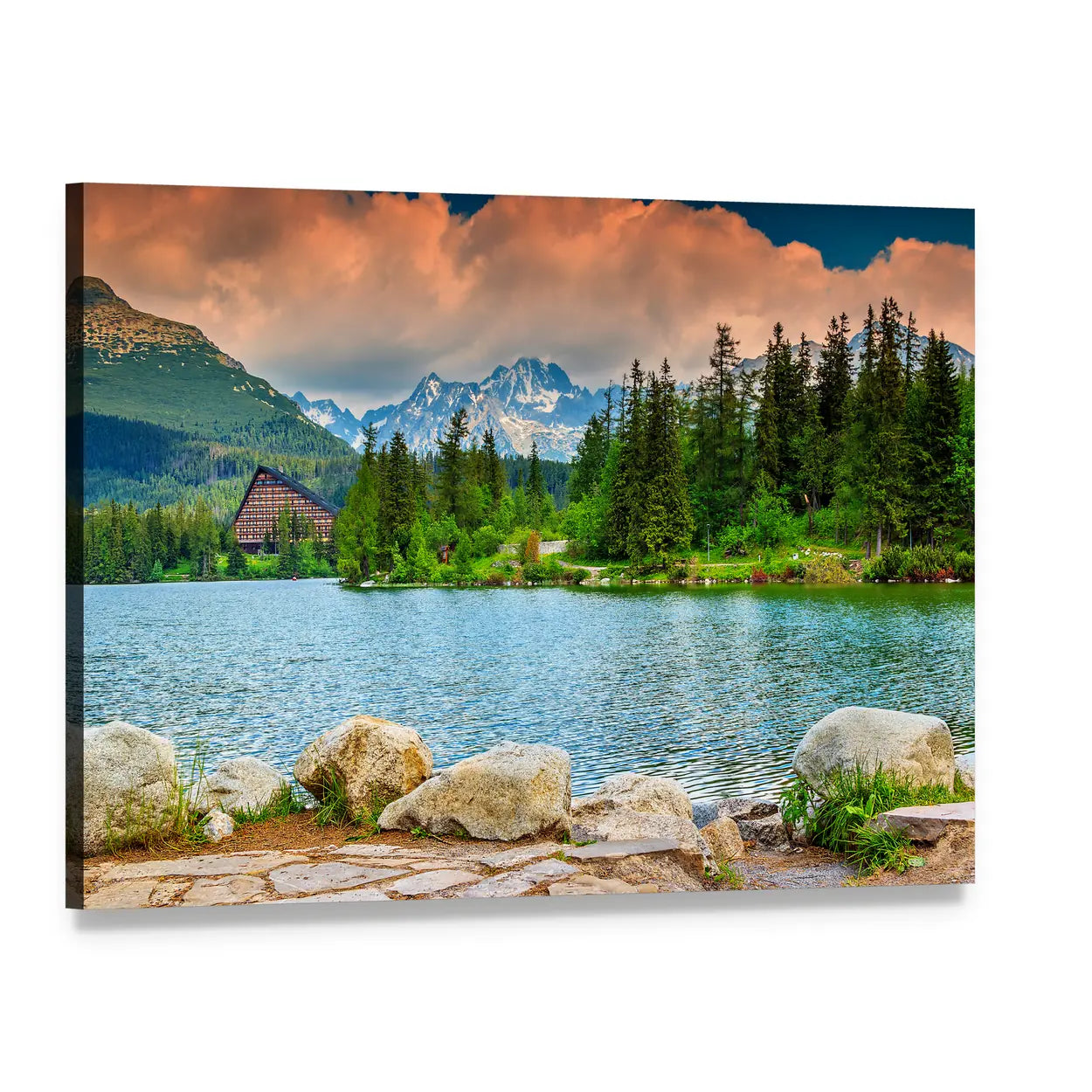 Slovakia Mountain Lake with Cabin Canvas Wall Art, single panel gallery wrapped canvas, angled product view