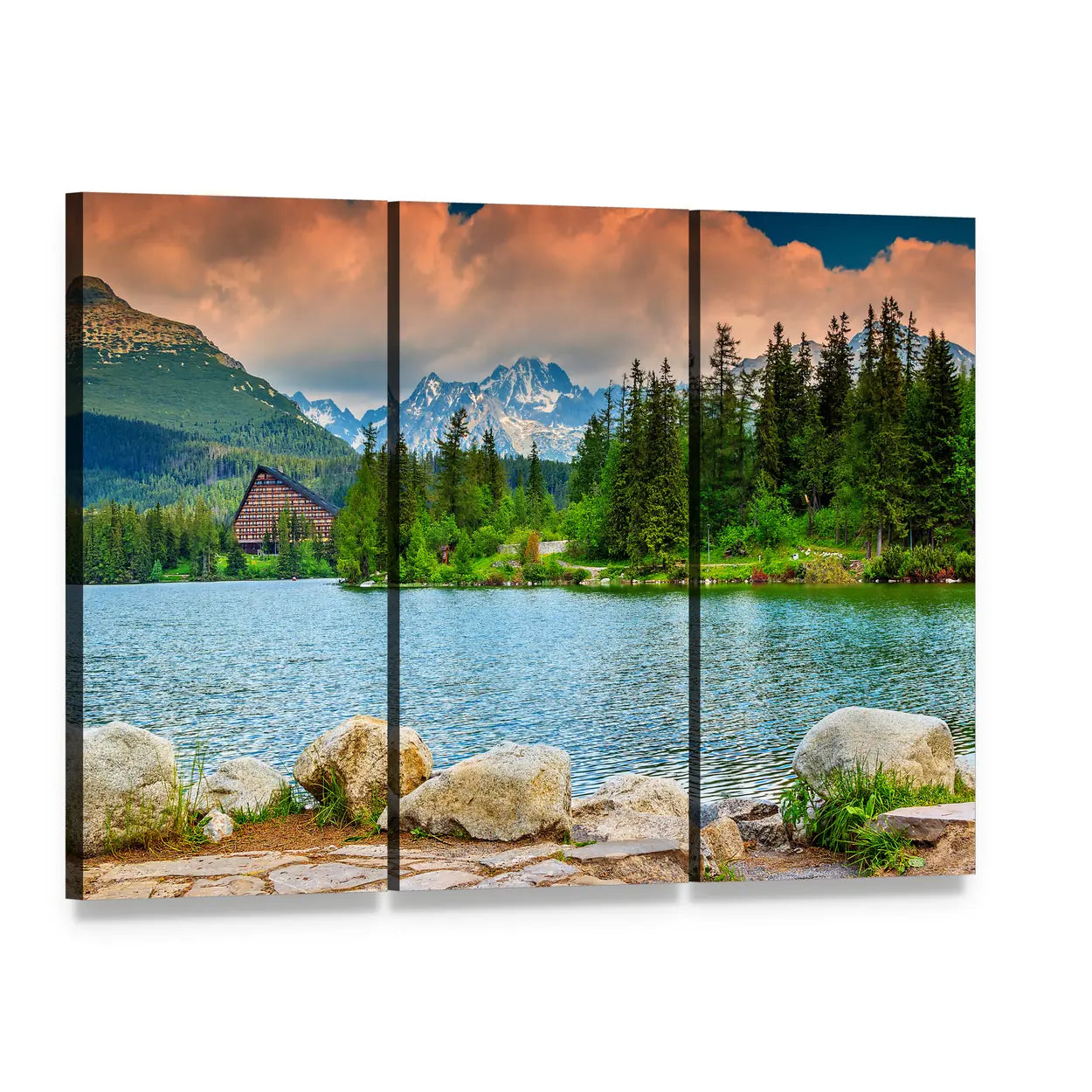 Slovakia Mountain Lake with Cabin Canvas Wall Art, 3 panel 3 Horizontal layout gallery wrapped canvas set, angled product view